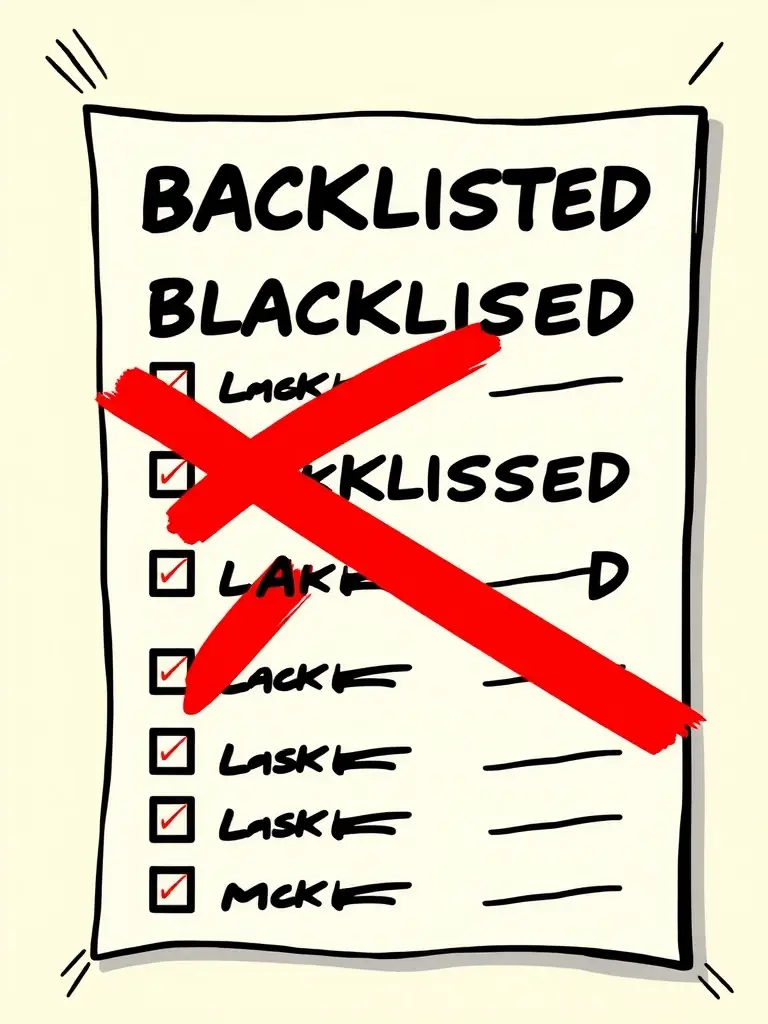 A visual representation of a digital blacklist with a red 'X' mark, emphasizing the importance of blacklist status in email verification.