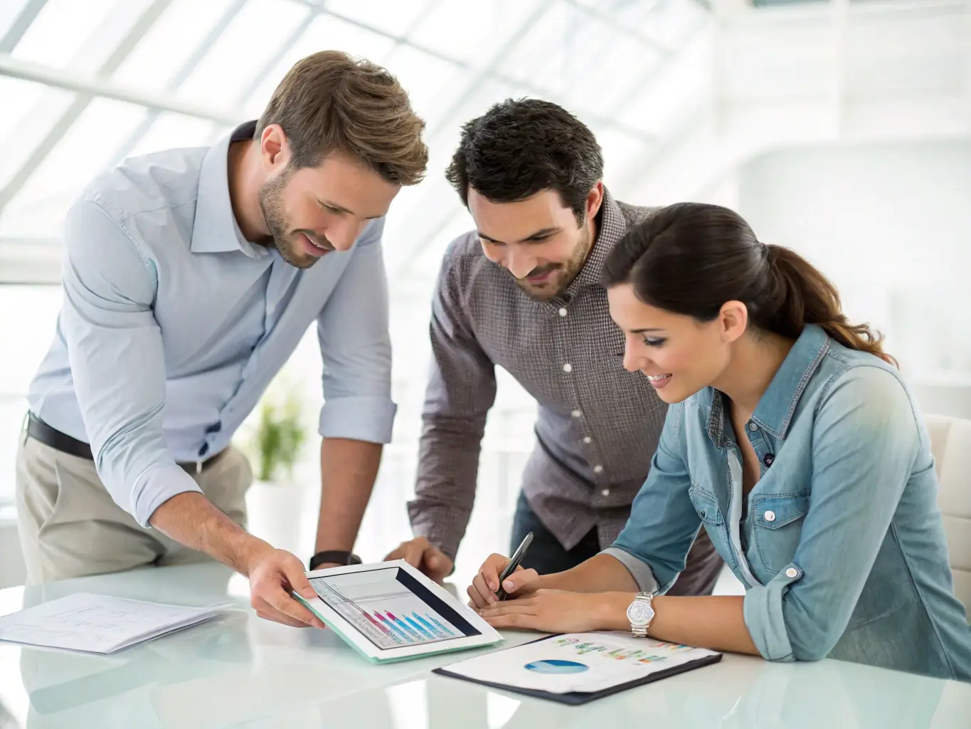 A team collaborating on email verification strategies using the Check the Sender Pro Plan, with charts and data visualizations displayed on a large screen.